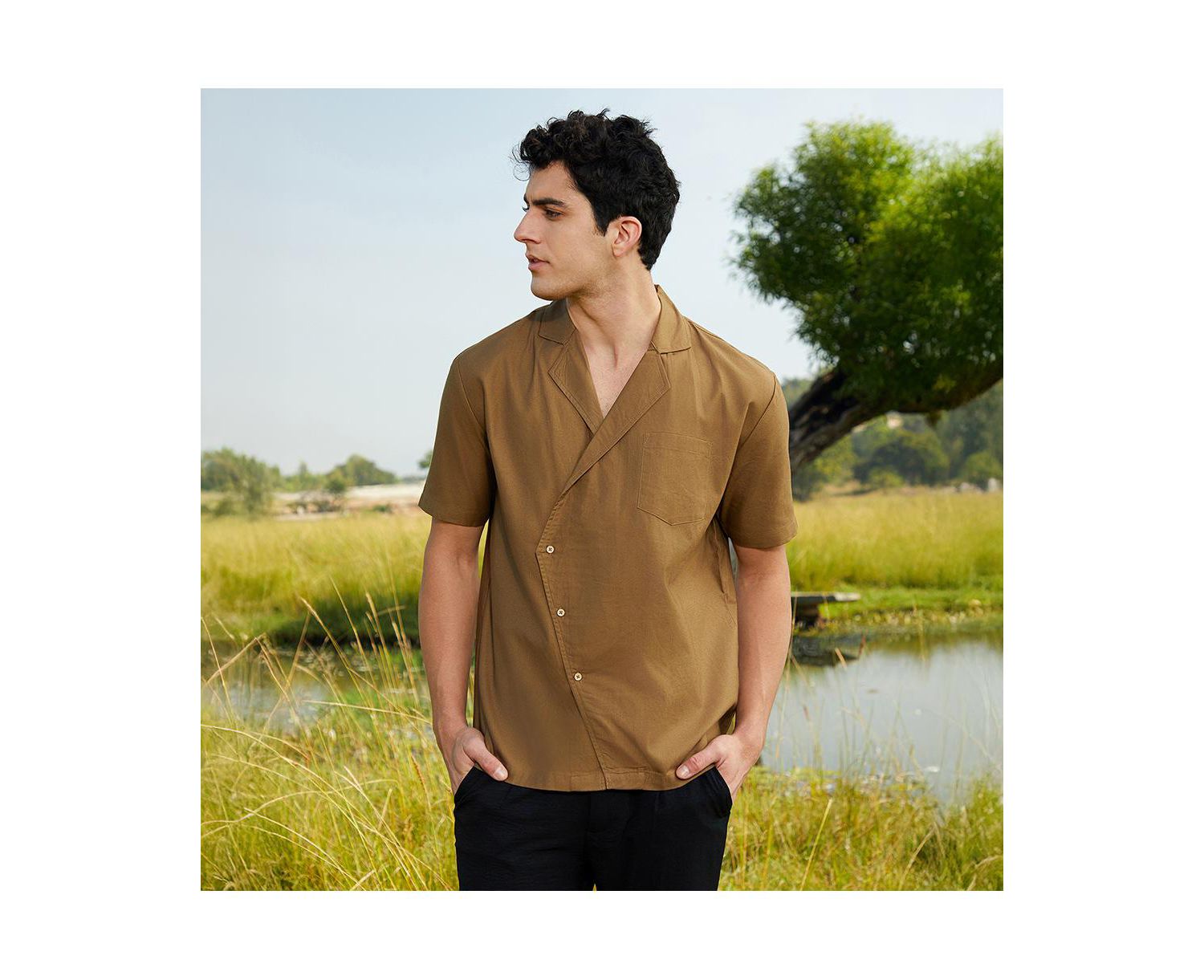 Men's Camel Brown Asymmetrical Cuban Shirt