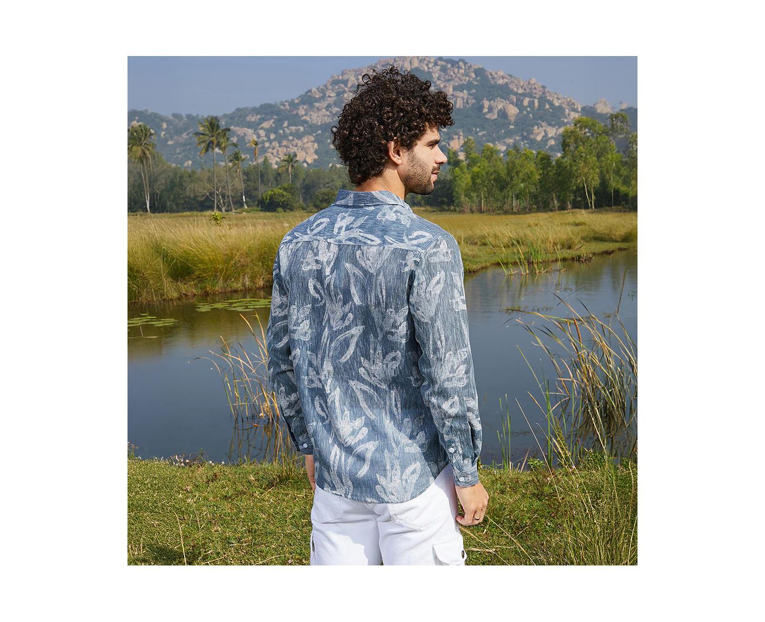 Men's Steel Blue Stroked-Petals Shirt
