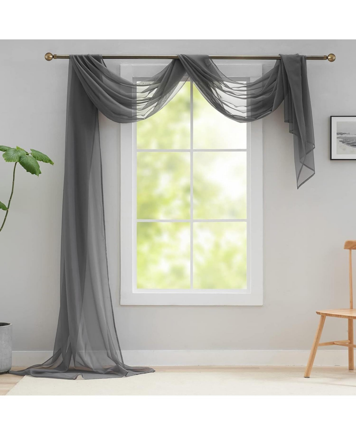 Hotel Lux 1 Piece Charcoal Gray Sheer Window Scarf Treatment - Charcoal
