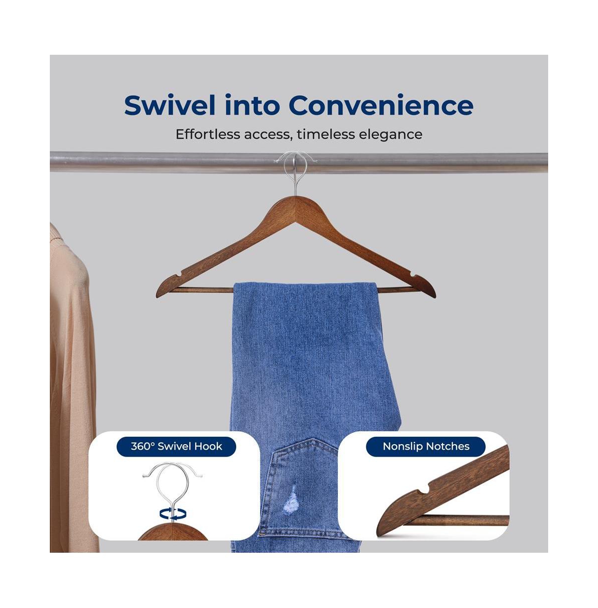 SereneLife 20 Pieces Wooden Hangers - Non-Slip, Sturdy, and Heavy Duty Suit Hanger Set with Chrome 360° Swivel Hook (Vintage)