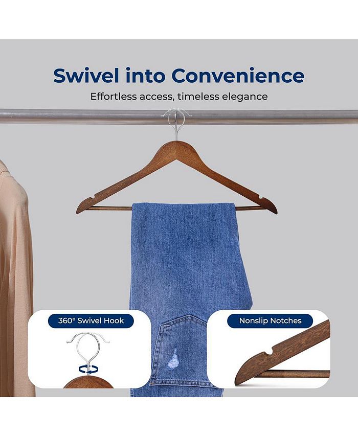 SereneLife 20 Pieces Wooden Hangers - Non-Slip, Sturdy, and Heavy Duty Suit Hanger Set with Chrome 360° Swivel Hook (Vintage) - Brown