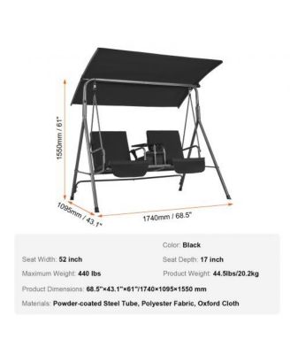 Outdoor 2-Seat Patio Swing Chair with Adjustable Canopy Storage Bag and Tray
