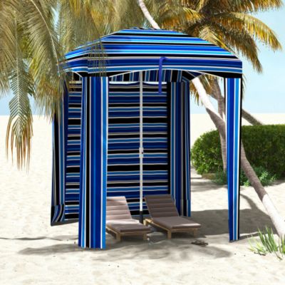 5.9ft x 5.9ft Portable Beach Umbrella Ruffled Outdoor Cabana with Walls Vents Sandbags Blue Stripe