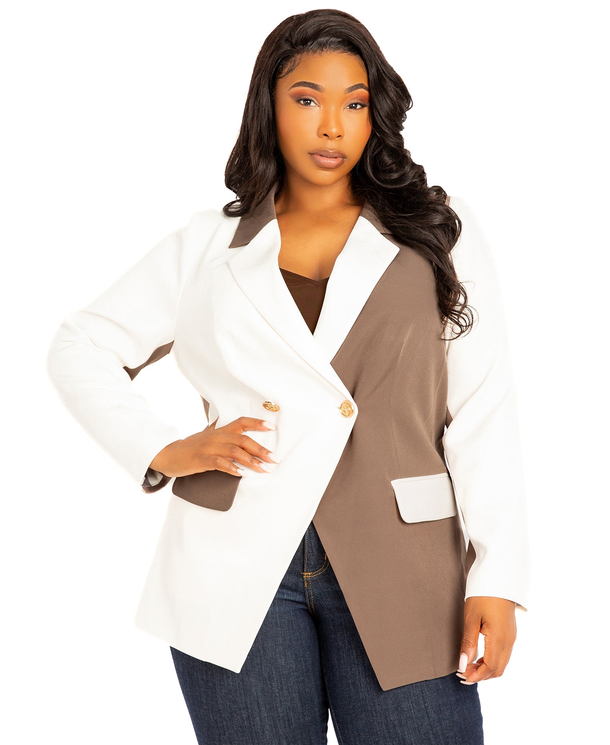 Plus Size Contrast Double Breasted Blazer - Khaki