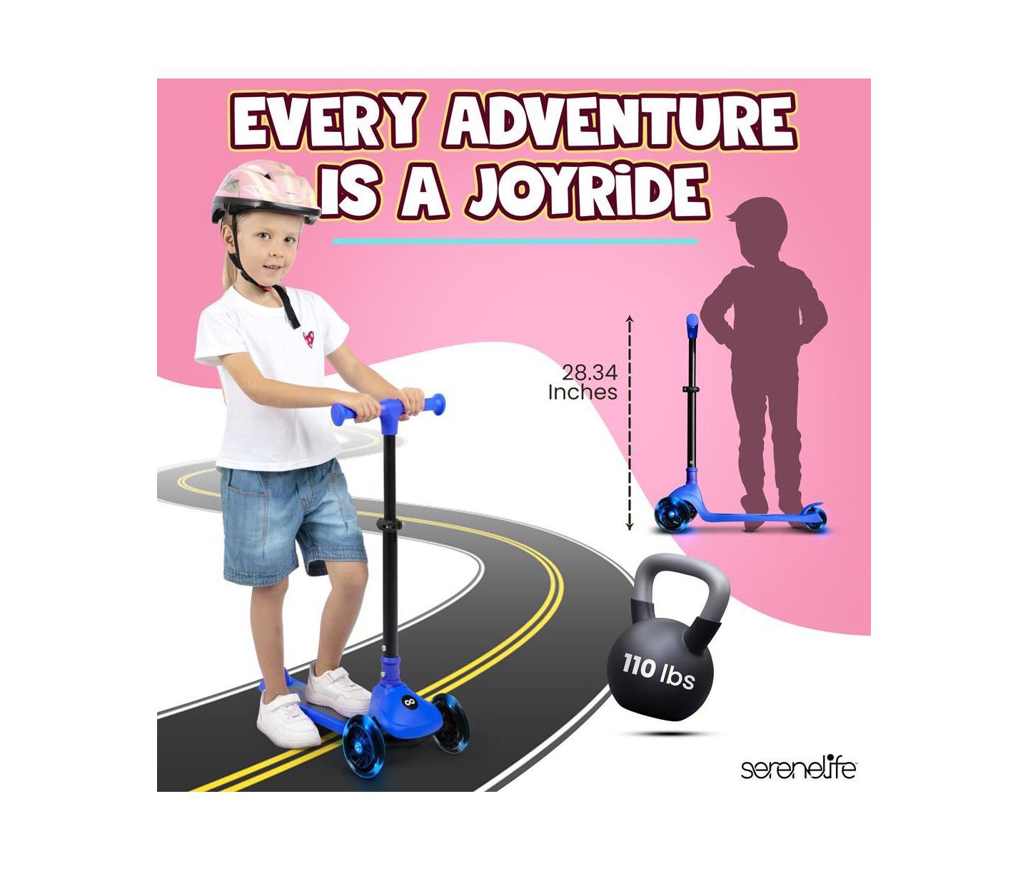 Детская игрушка SereneLife 3-Wheel Foldable Kids Scooter with LED Wheel Lights & Lean-to-Steer Technology, Ages 2+, цвет: Синий — фото 2