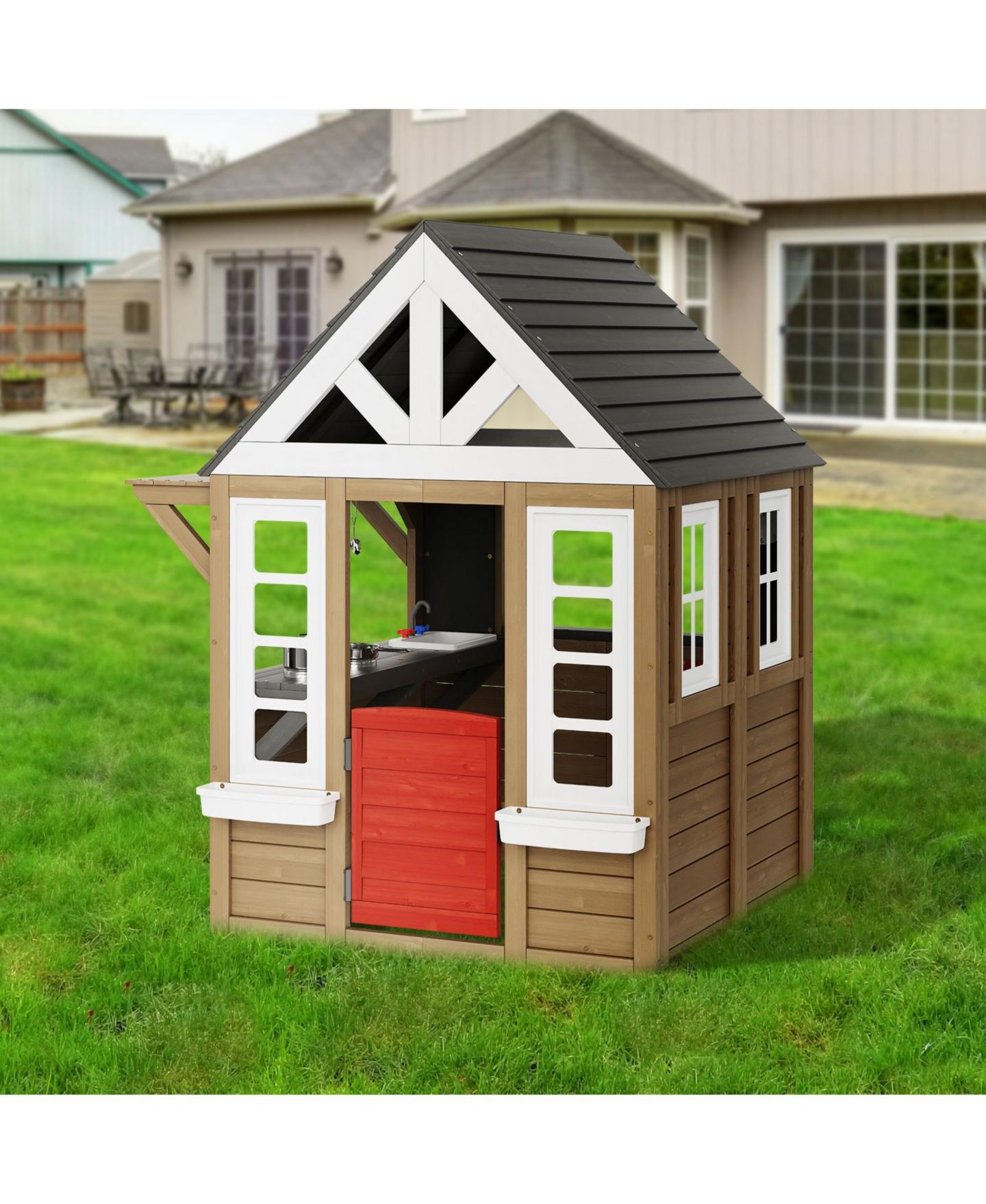 Детская игрушка Slickblue Kids Wooden Garden Cottage Playhouse with Door, Window and Sink, Ages 3+, цвет: Коричневый / Серый — фото 6