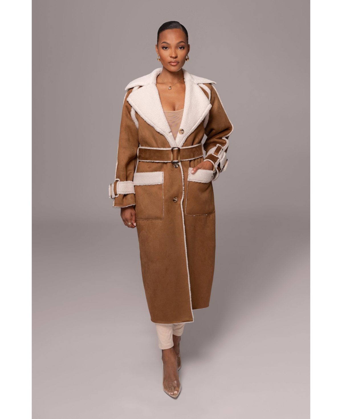 Women's Suede And Sherpa Reversible Coat - Tan