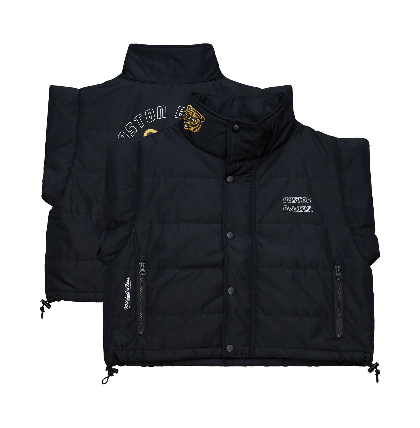 Женский жилет Mitchell & Ness Black Boston Bruins Cropped Full-Zip Puffer Vest — фото 1
