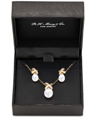2-Pc. Set Cultured Freshwater Pearl (6 & 8mm) and Diamond Accent X Pendant Necklace & Matching Drop Earrings in 14k Gold-Plated Sterling Silver