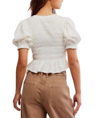 Women's Cotton Puff-Sleeve Peplum Top