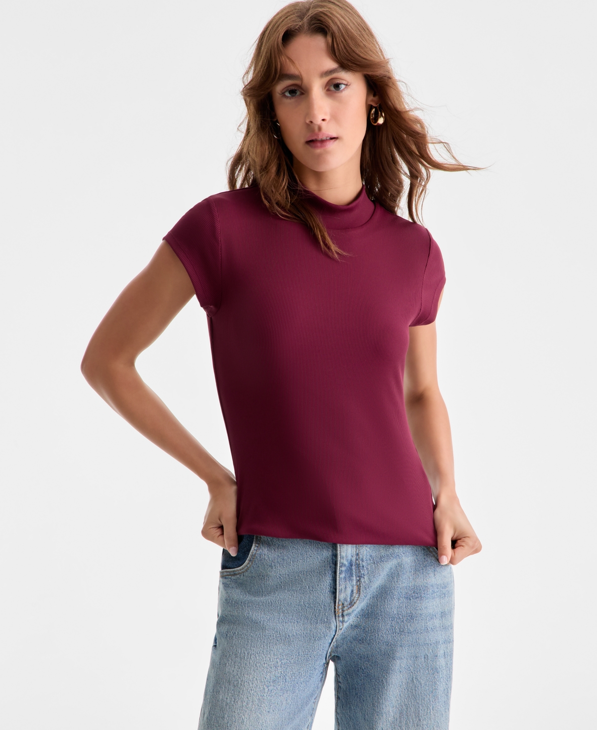 Bar Iii Women's Ribbed Second-skin Mock-neck Top, Exclusively At Macy's In Purple