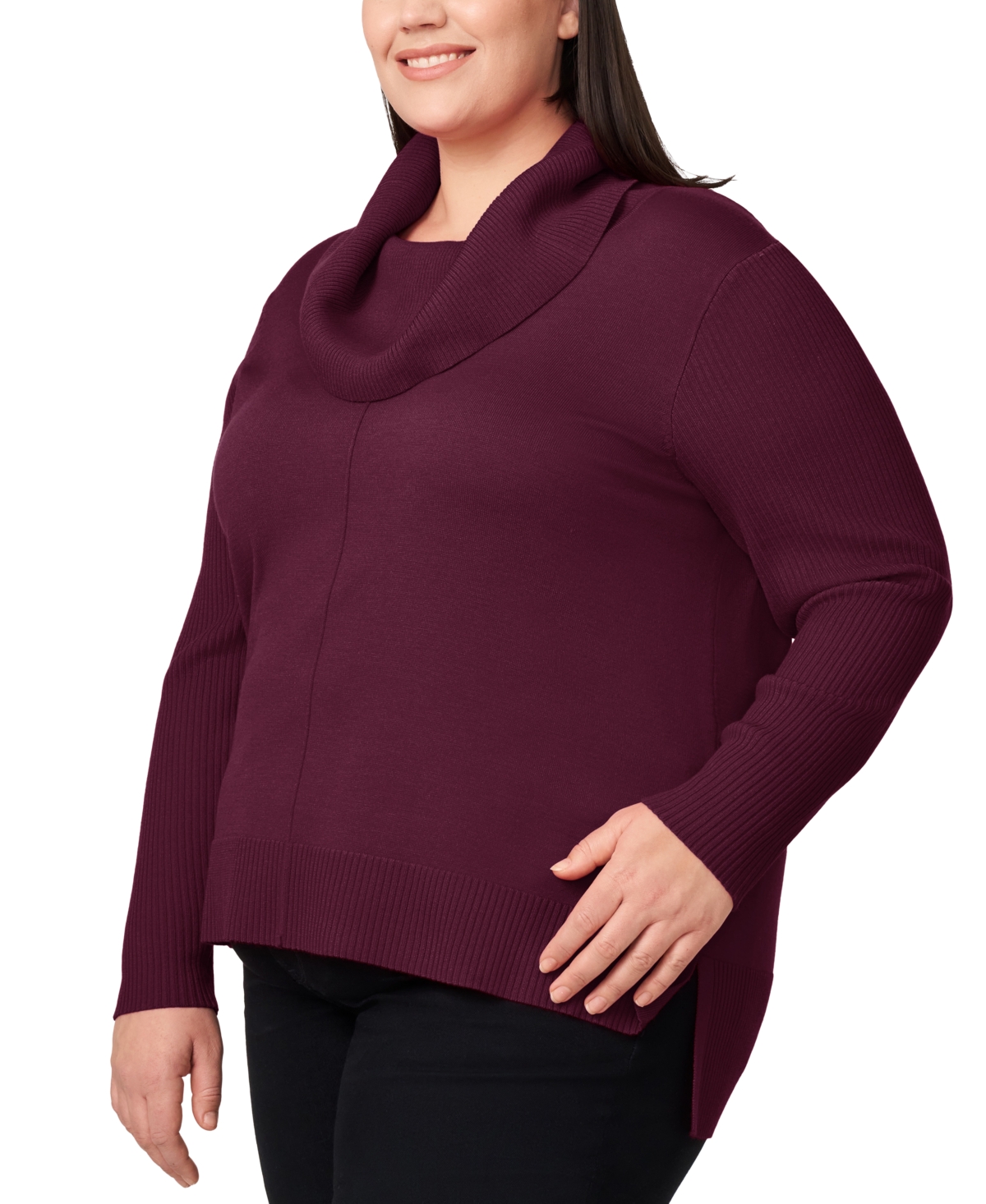 Melissa Paige Plus Size Cowlneck High-low Sweater In Purple