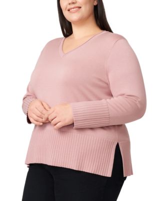 Plus Size Solid V-Neck High-Cuff Sweater