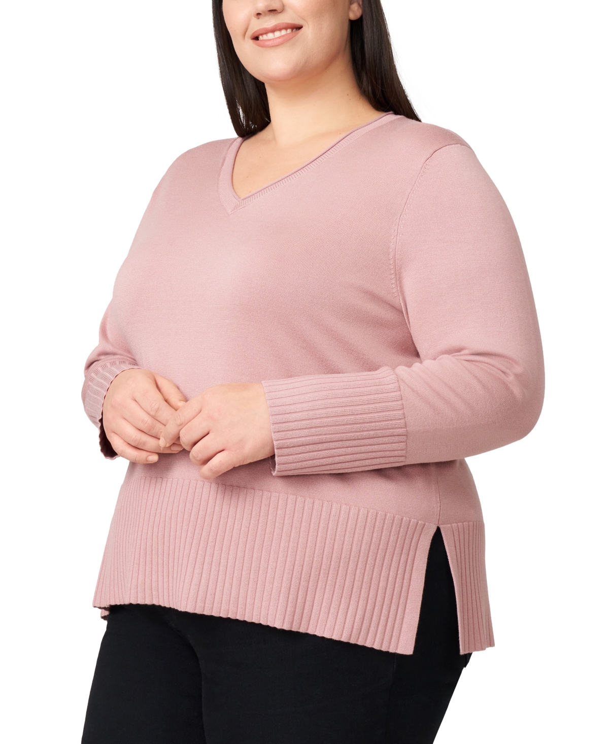 Melissa Paige Plus Size Solid V-neck High-cuff Sweater In Pink