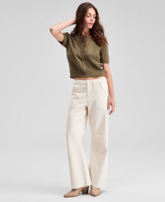 Petite Short Sleeve Crewneck Pointelle Cardigan Sweater