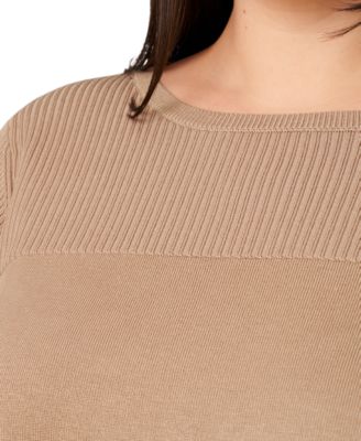 Plus Size Ribbed-Yoke Pullover Sweater