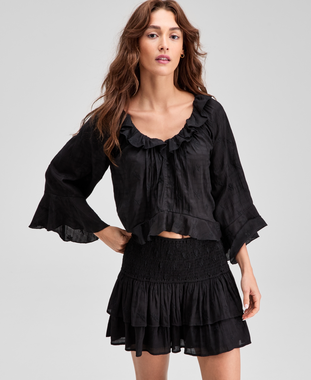 Petite Long-Sleeve Ruffle Top, Exclusively at Macy's - Black
