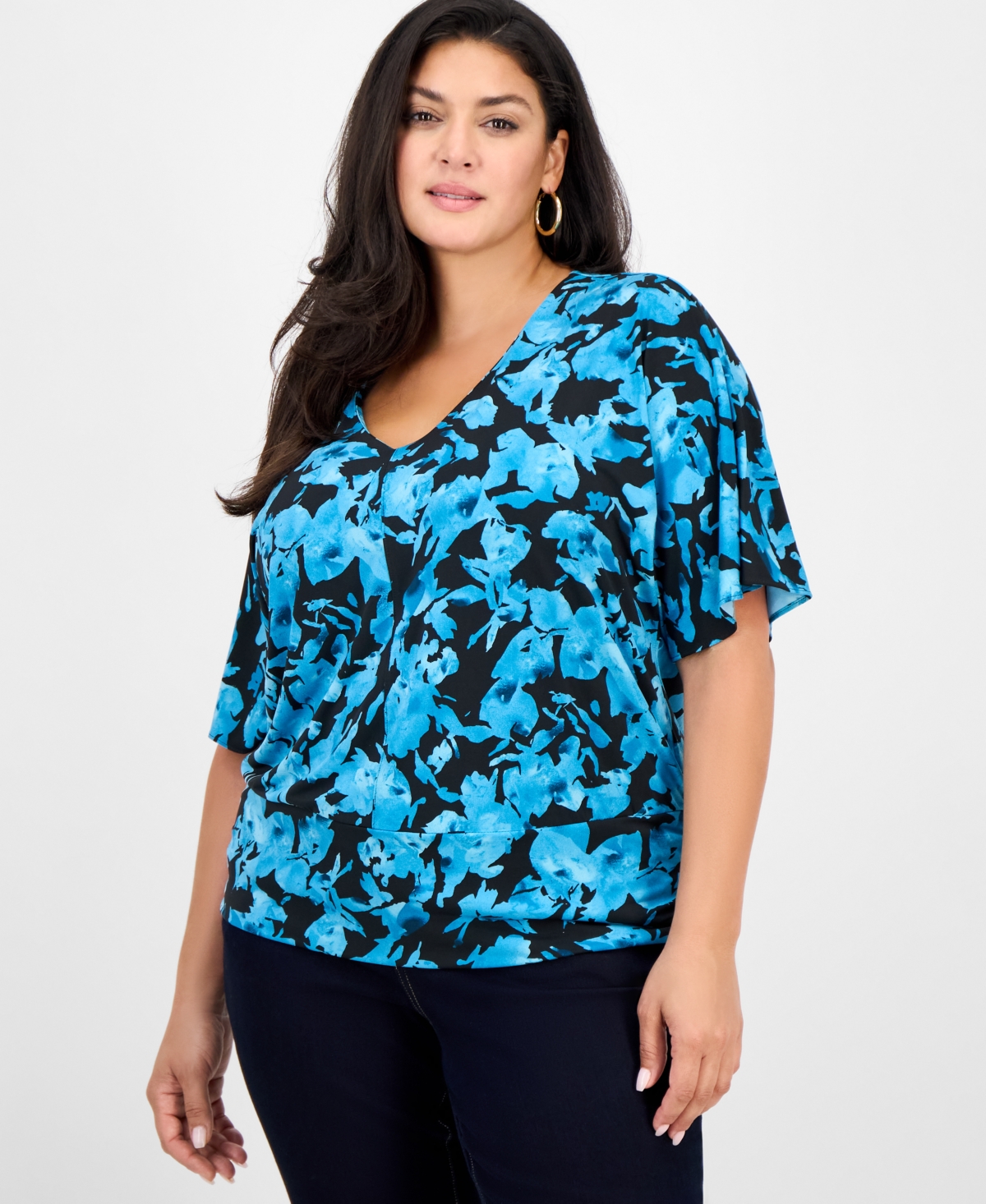 Inc International Concepts Plus Size Printed V-neck Short-sleeve Top, Macy's Exclusive In Blue