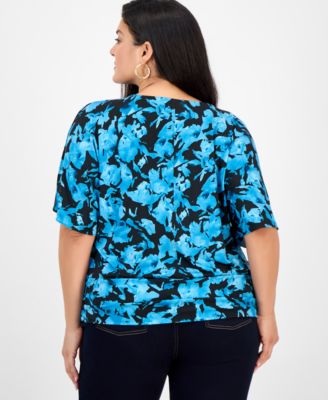 Plus Size Printed V-Neck Short-Sleeve Top, Macy's Exclusive