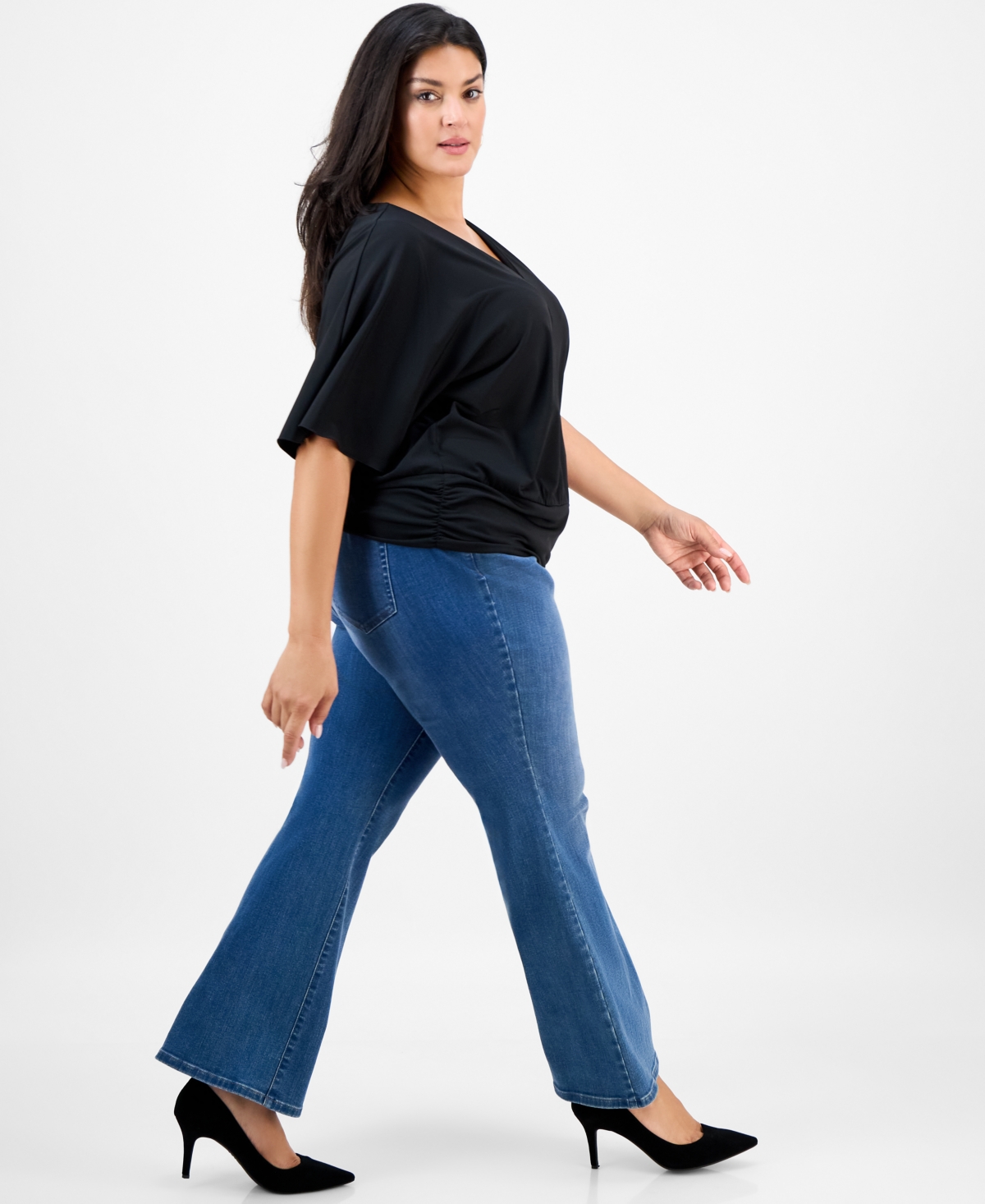 Inc International Concepts Plus Size Printed V-neck Short-sleeve Top, Macy's Exclusive In Black