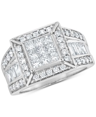 Macy's - Diamond Round & Baguette Square Halo Cluster Engagement Ring (1-1/2 ct. t.w.) in 14k White Gold
