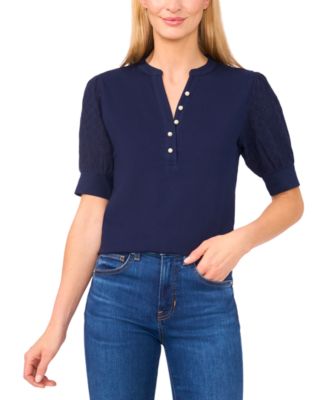 CeCe - Women's Cotton Puffed-Sleeve Mixed-Media Top