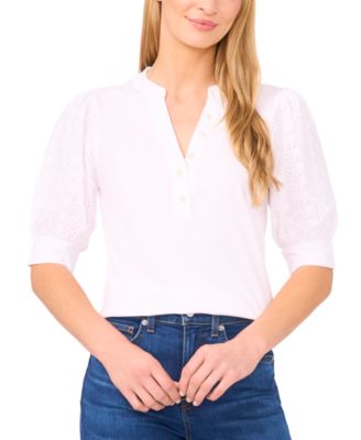 CeCe - Women's Cotton Puffed-Sleeve Mixed-Media Top