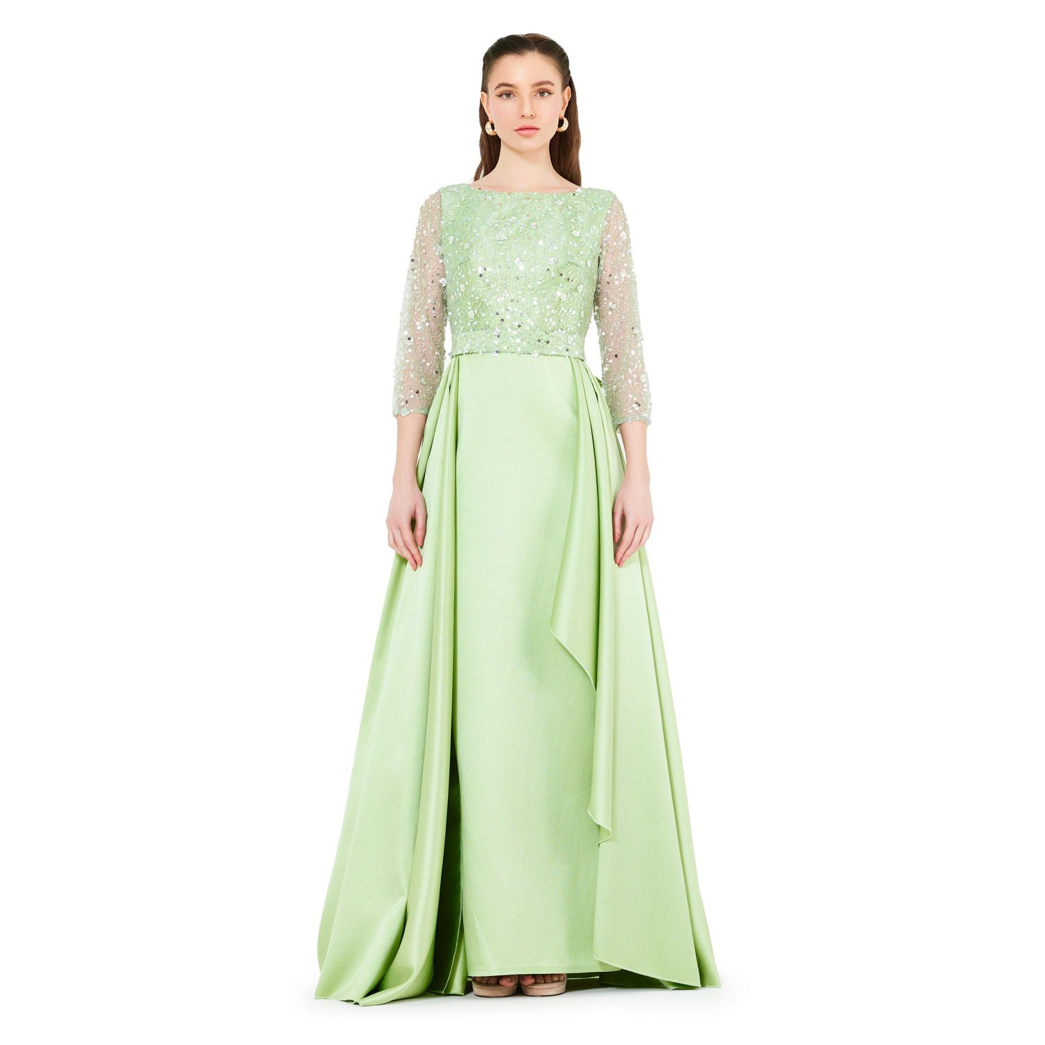 Beaded Bodice Column Gown with Cascading Train