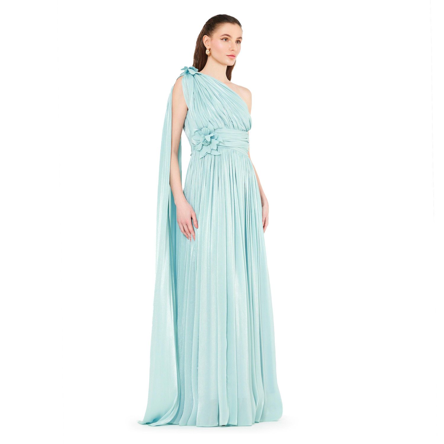 Women's One Shoulder Floral Detail Ruched Gown