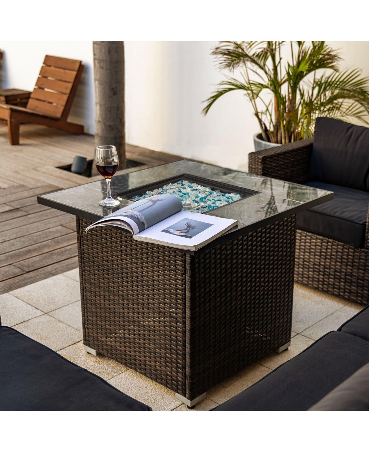 Flynama 30inch Outdoor Fire Table Propane Gas Fire Pit Table with Lid Gas Fire Pit Table with Glass Rocks and Rain Cover