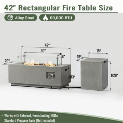 42 Inch Rectangular Propane Fire Pit Table with Glass Wind Guard and 50000 BTU Burner