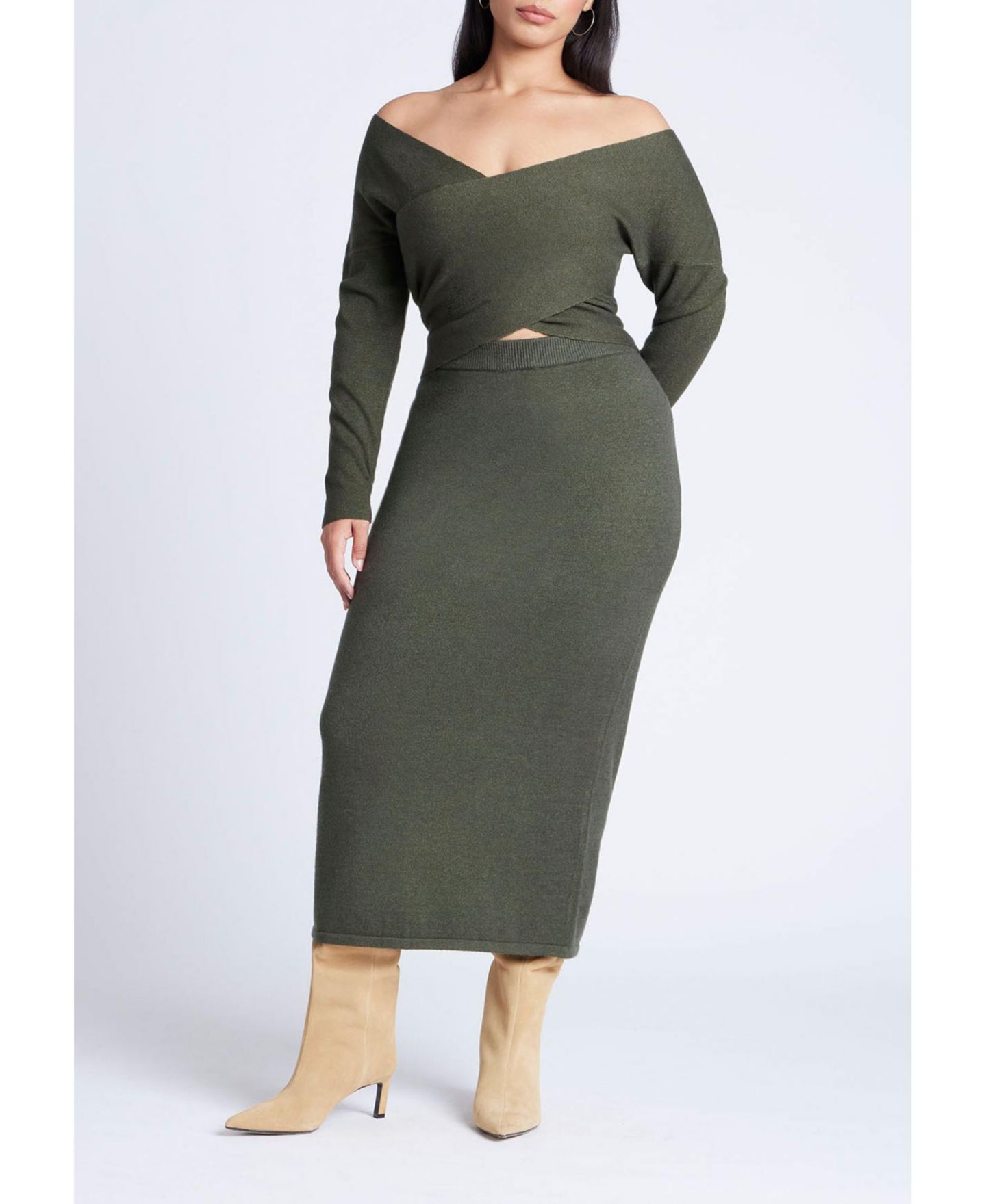 Женский свитер ELOQUII Wrap Front Cropped, цвет: Зелёный меланжевый — фото 3
