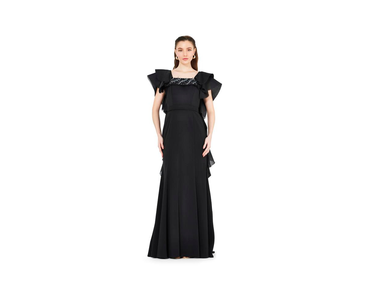 Women's Cascading Sleeves Gown with Embellished Neckline - Black