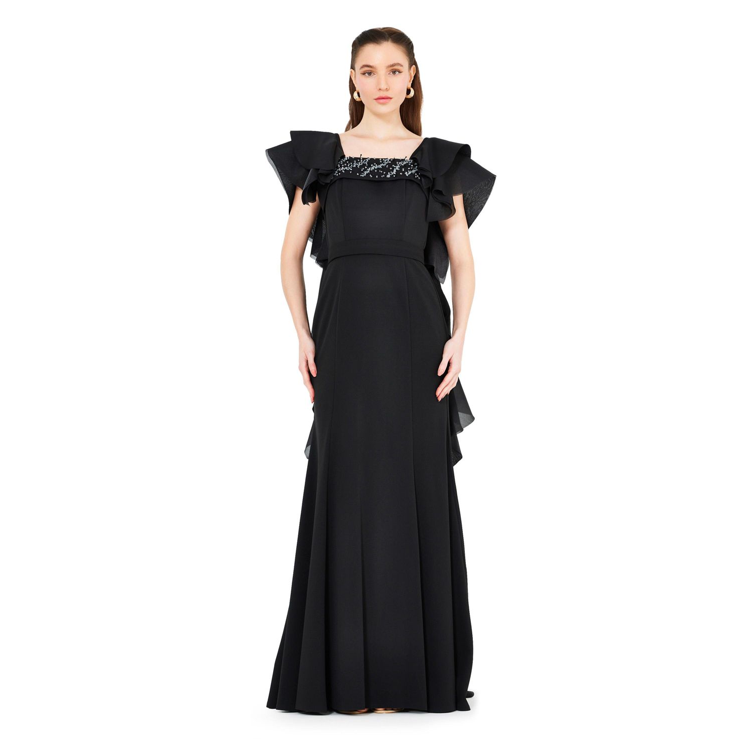Women's Cascading Sleeves Gown with Embellished Neckline