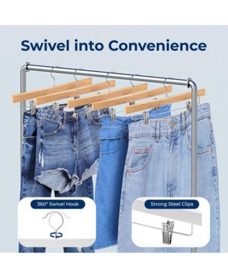 Premium Wooden Pants Hanger Set with 10 Heavy-Duty Hangers and Chrome 360&amp;#xB0; Swivel Hooks