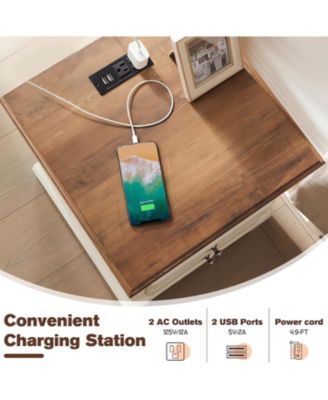 Nightstand 18 Inch with Charging Station,USB Ports,Antique White