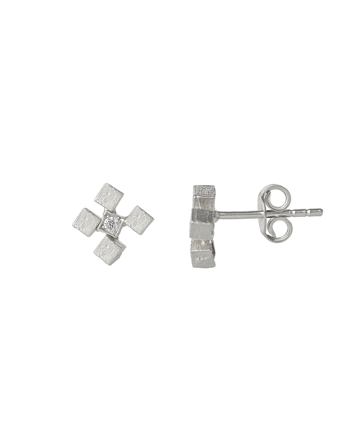 Four Cube Blocks Natural Textured Sterling Silver Authentic Stud Earrings - Silver