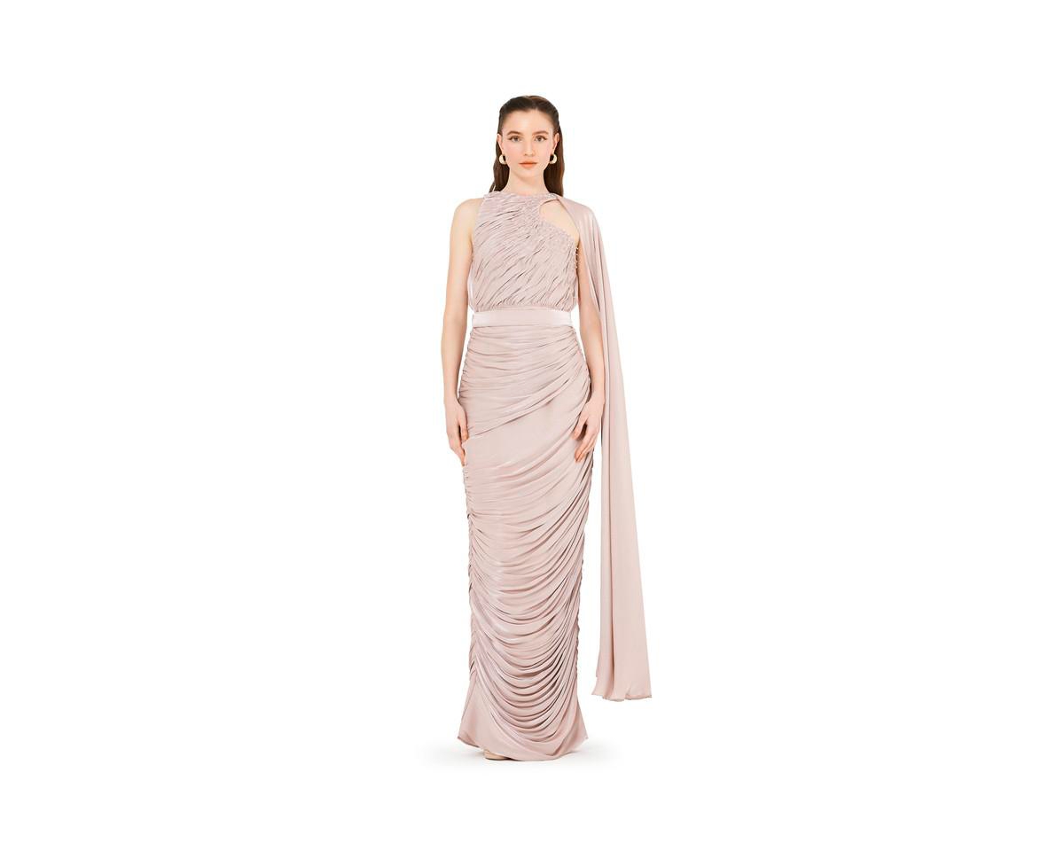 Asymmetric Cutout Ruched Dress With Single Cape Sleeve - Dusty pink