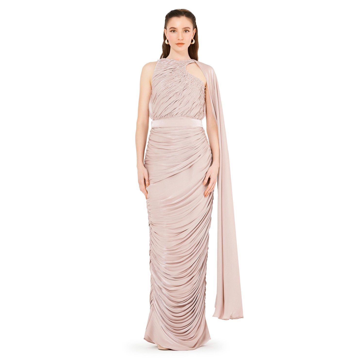 Asymmetric Cutout Ruched Dress With Single Cape Sleeve