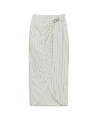 Women's Striped Linen Blend Midi Skirt with Metal Accessories