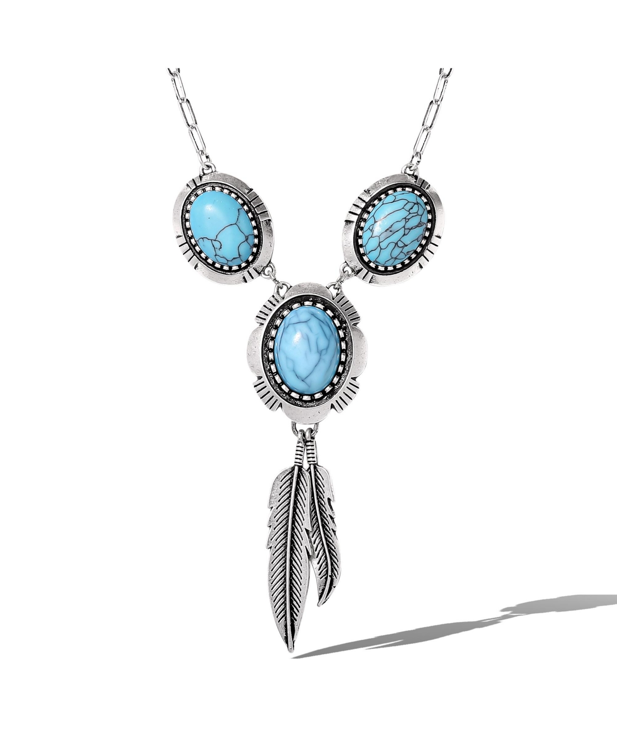 Turquoise & Feather Pendant Necklace in Antique Silver - Turquoise