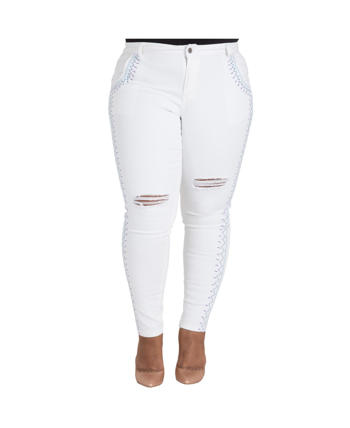 Women's Curvy-Fit Embroidery Trim Skinny Ankle Jeans - White
