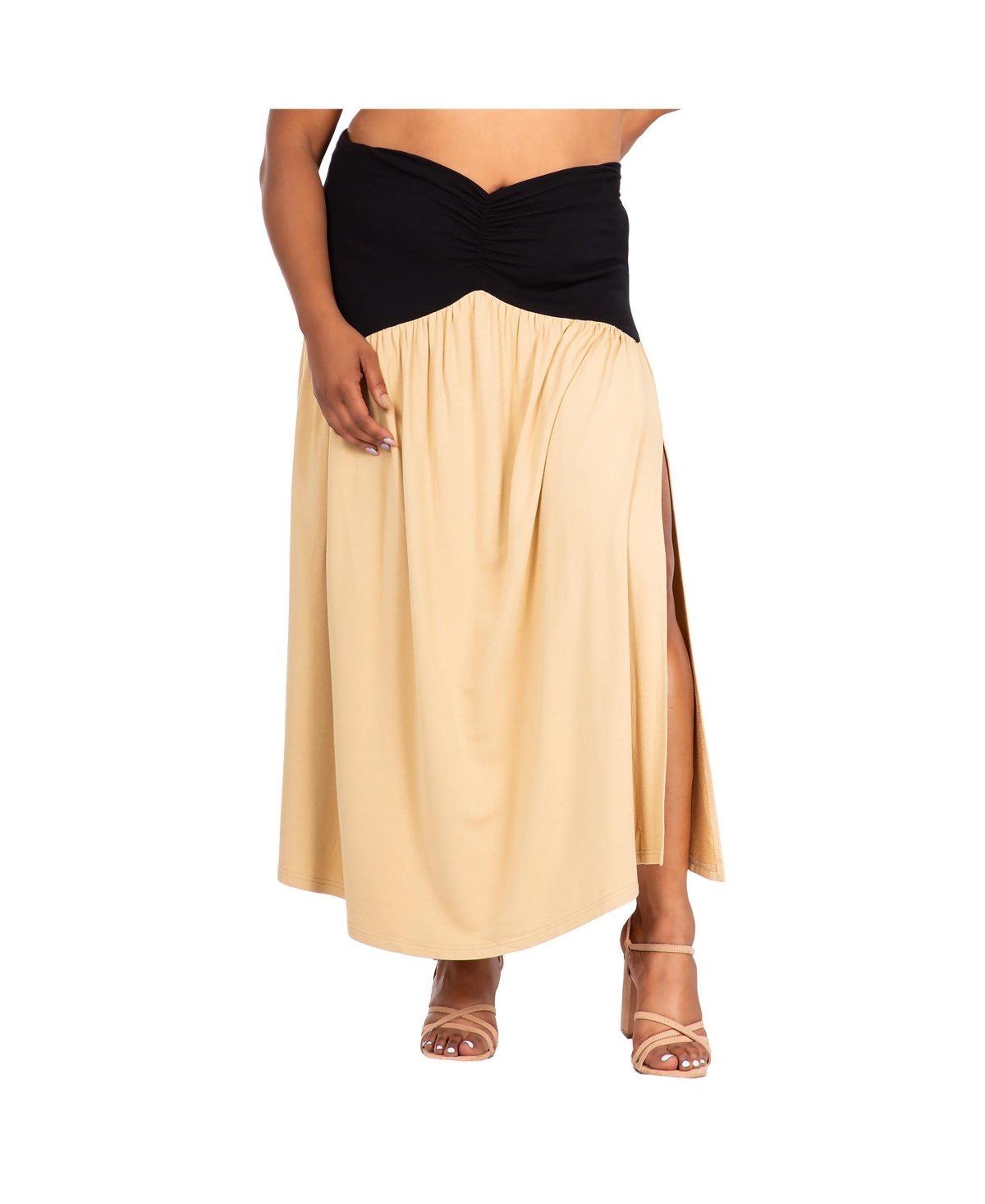 Plus Size V Waist A Line Side Slits Flared Maxi Skirt - Champagne