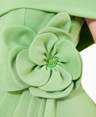 Bardot Neckline Floral Applique Pleated Gown