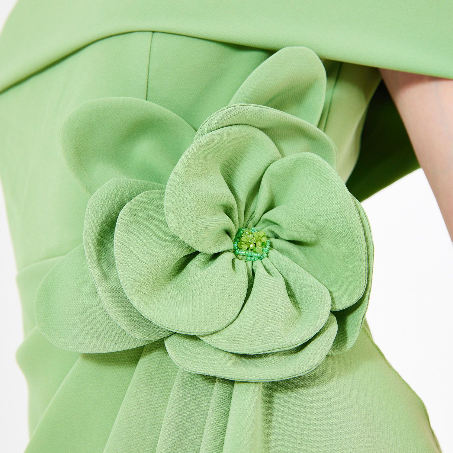 Bardot Neckline Floral Applique Pleated Gown