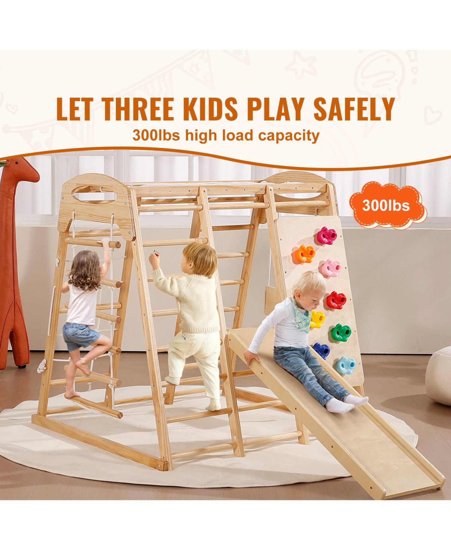 Toddler Indoor Playground 7-in-1, Wooden Climber with Rope Ladder, Slide & Swing