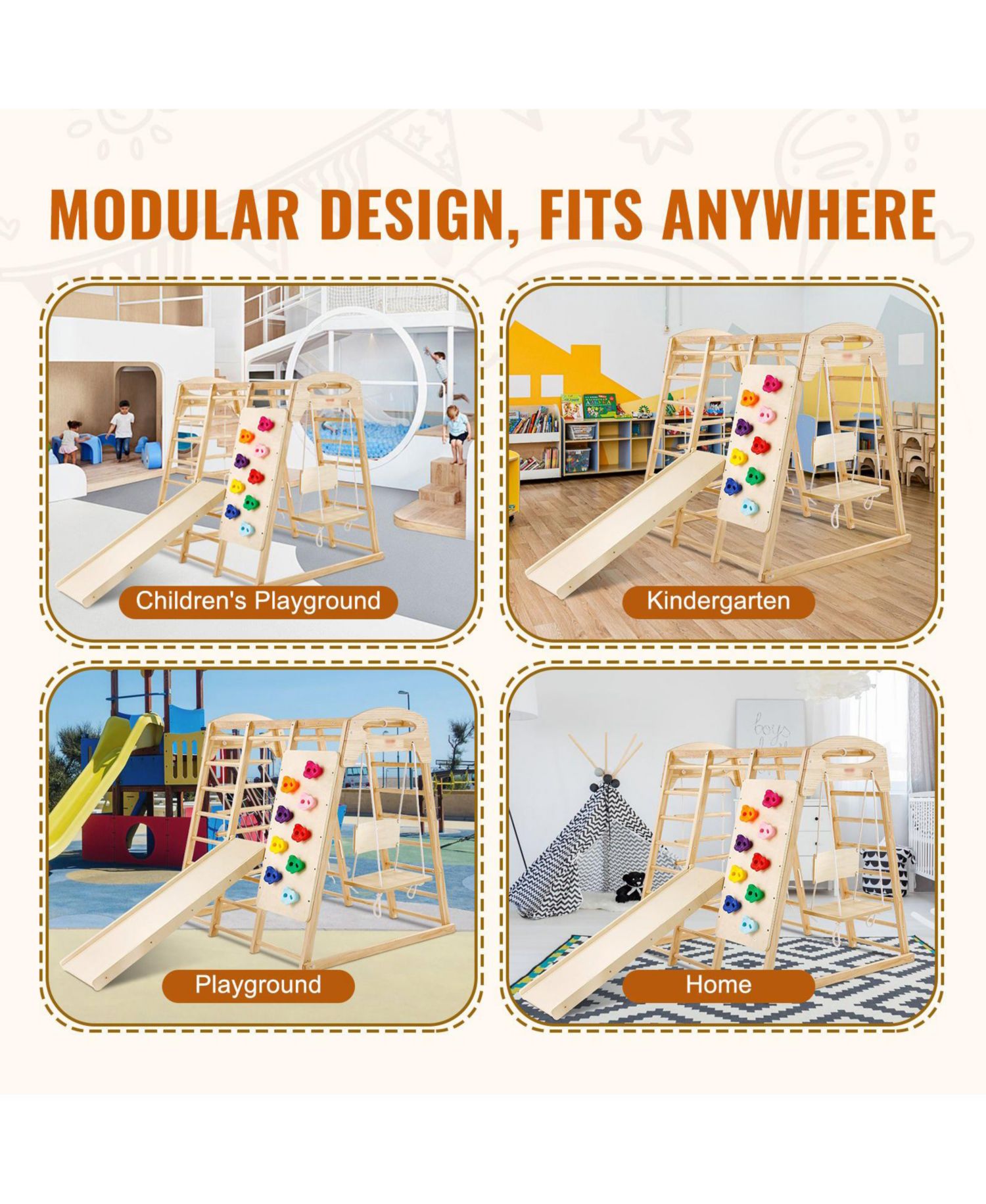 Toddler Indoor Playground 7-in-1, Wooden Climber with Rope Ladder, Slide & Swing