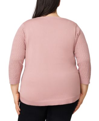 Plus Size Pointelle-Yoke 3/4-Sleeve Sweater