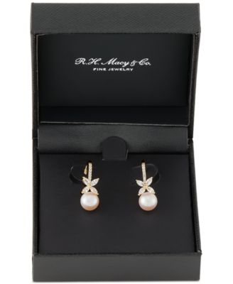 Cultured Freshwater Pearl (7mm) & Lab Grown White Sapphire (1 ct. t.w.) Leverback Drop Earrings in 14k Gold-Plated Sterling Silver
