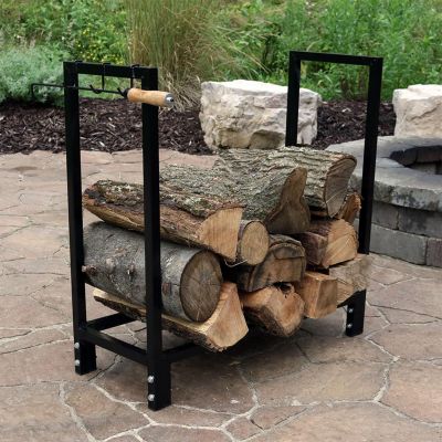 Outdoor Steel Firewood Log Rack Holder with Weather-Resistant Heavy-Duty Polyester Log Rack Cover - 30" - Black